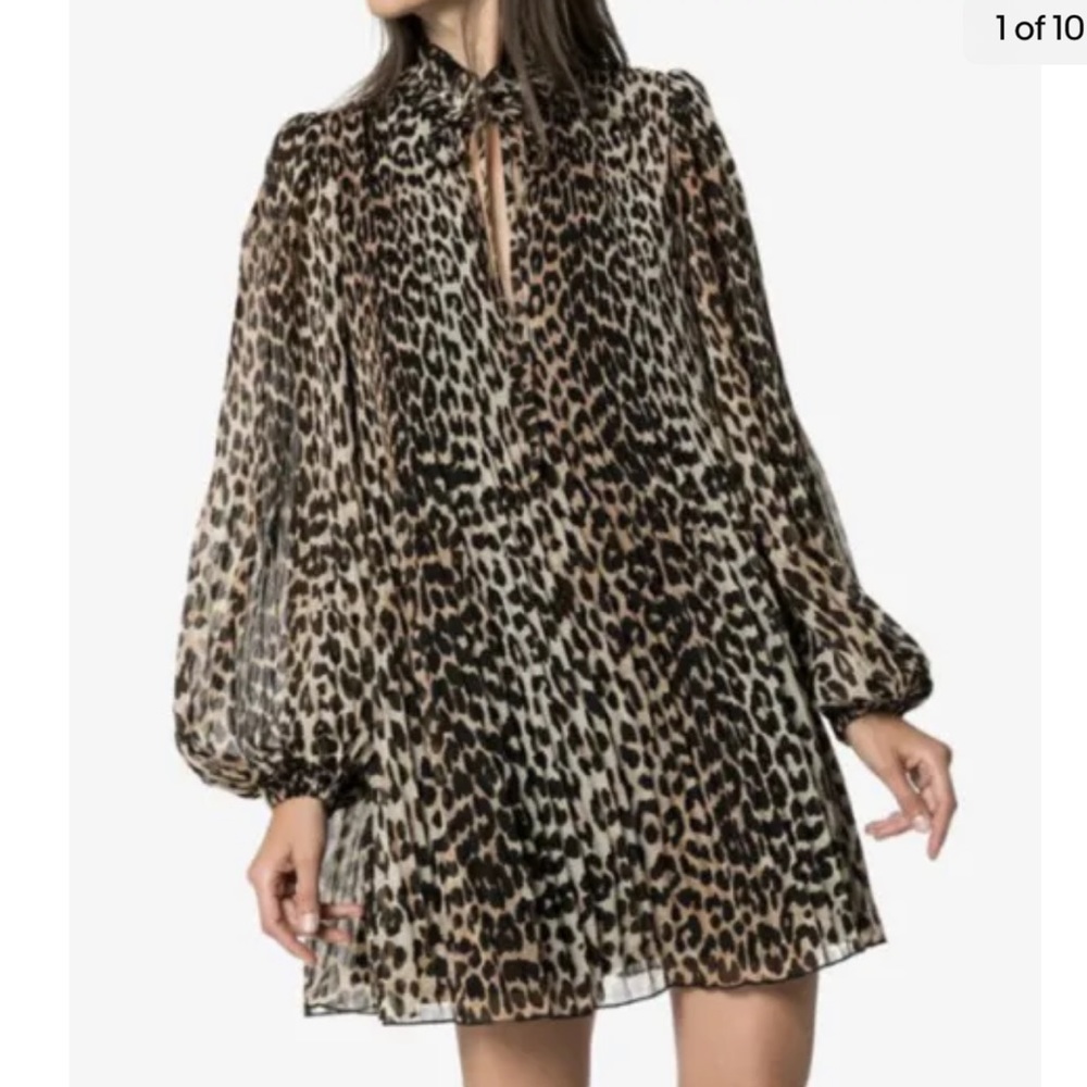 GANNI Pleated Georgette Leopard Dress